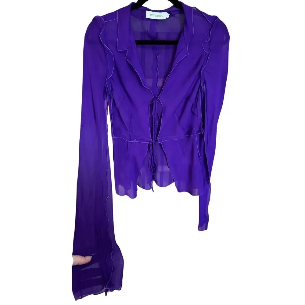 NWOT Rat And Boa Aphrodite Blouse Ruffle Semi Sheer Top In Purple Size Small - Picture 4 of 15